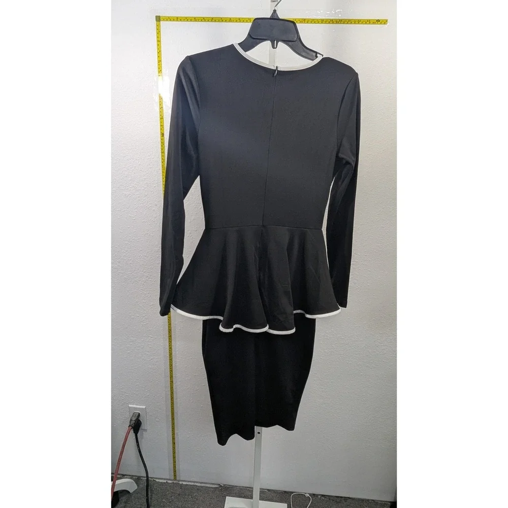 Black Peplum Bodycon Dress Long Sleeve White Trim Keyhole Neck‎ Midi Dress